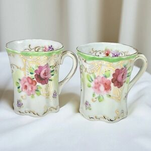 Vintage Hand Painted Porcelain Chocolate Cups Mugs Tea Floral Gold Gilt Set of 2